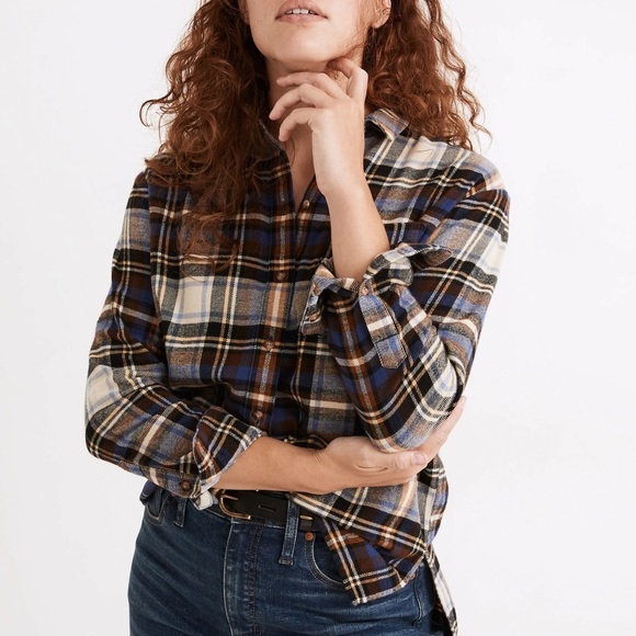 Madewell Flannel Oversized Ex-Boyfriend Shirt in Fuller Plaid Blue Tartan - Picture 1 of 10
